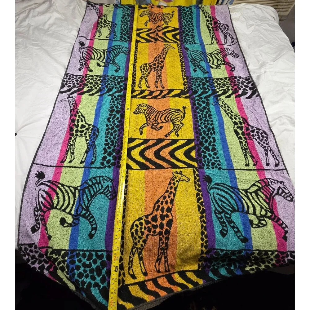 Vintage Summer Stock Cotton Beach Towel Giraffe Zebra Print Multi Color